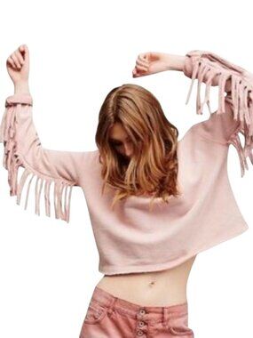 Free People Dusty Pink Fringe V Neck Sweater Sweatshirt Oversized Size S